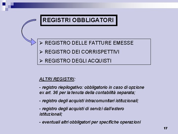 REGISTRI OBBLIGATORI Ø REGISTRO DELLE FATTURE EMESSE Ø REGISTRO DEI CORRISPETTIVI Ø REGISTRO DEGLI