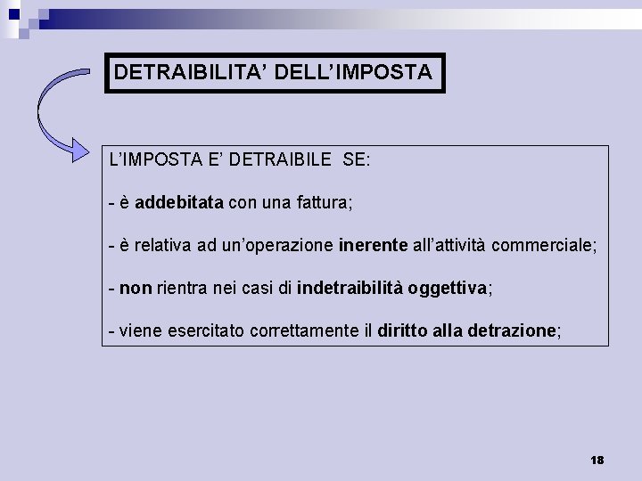 DETRAIBILITA’ DELL’IMPOSTA E’ DETRAIBILE SE: - è addebitata con una fattura; - è relativa DETRAIBILITA’ DELL’IMPOSTA E’ DETRAIBILE SE: - è addebitata con una fattura; - è relativa