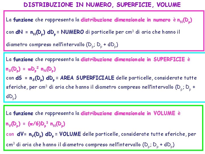 DISTRIBUZIONE IN NUMERO, SUPERFICIE, VOLUME La funzione che rappresenta la distribuzione dimensionale in numero