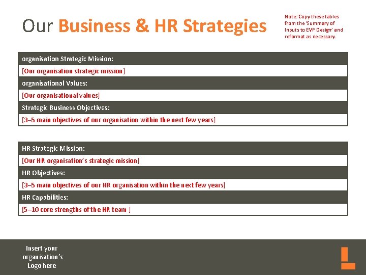 Our Business & HR Strategies organisation Strategic Mission: [Our organisation strategic mission] organisational Values: