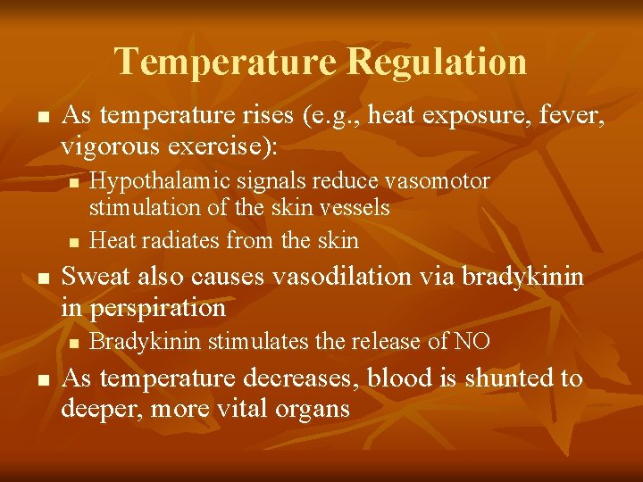 Temperature Regulation n As temperature rises (e. g. , heat exposure, fever, vigorous exercise):