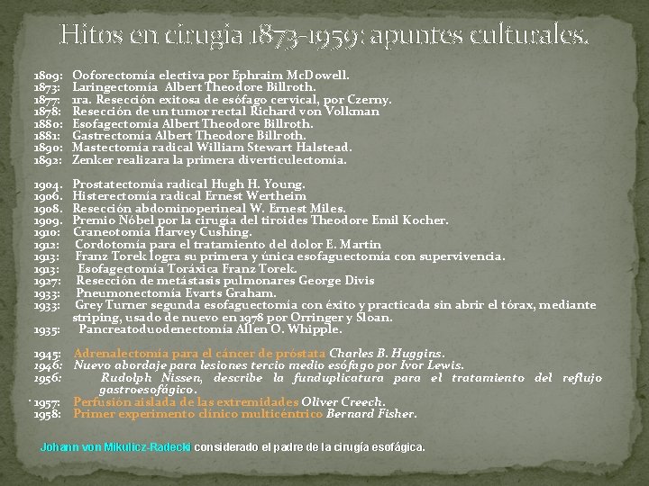 Hitos en cirugia 1873 -1959: apuntes culturales. 1809: 1873: 1877: 1878: 1880: 1881: 1890: