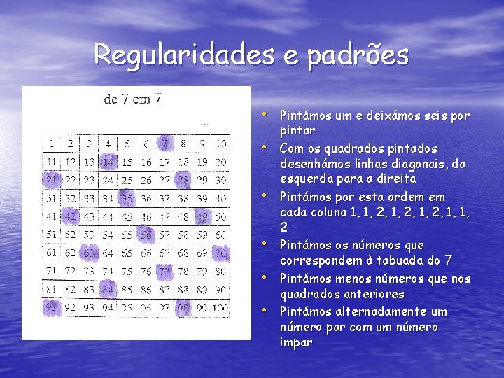 Regularidades e padrões • Pintámos um e deixámos seis por • • • pintar