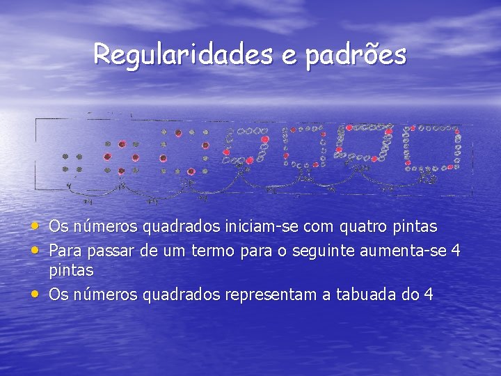 Regularidades e padrões • Os números quadrados iniciam-se com quatro pintas • Para passar