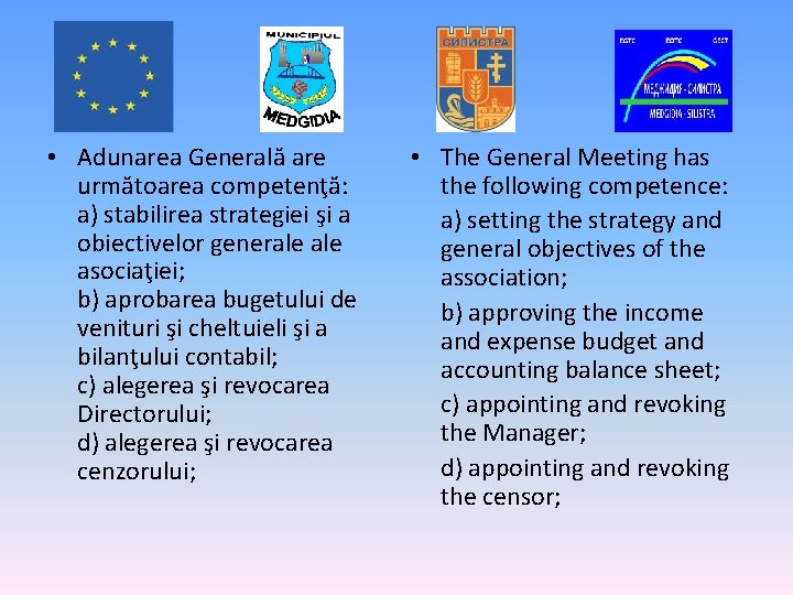  • Adunarea Generală are următoarea competenţă: a) stabilirea strategiei şi a obiectivelor generale