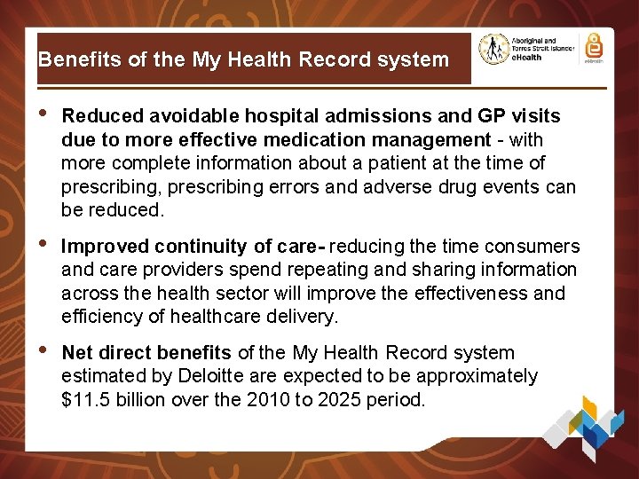 Benefits of the My Health Record system • Reduced avoidable hospital admissions and GP Benefits of the My Health Record system • Reduced avoidable hospital admissions and GP