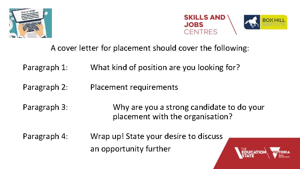 A cover letter for placement should cover the following: Paragraph 1: What kind of