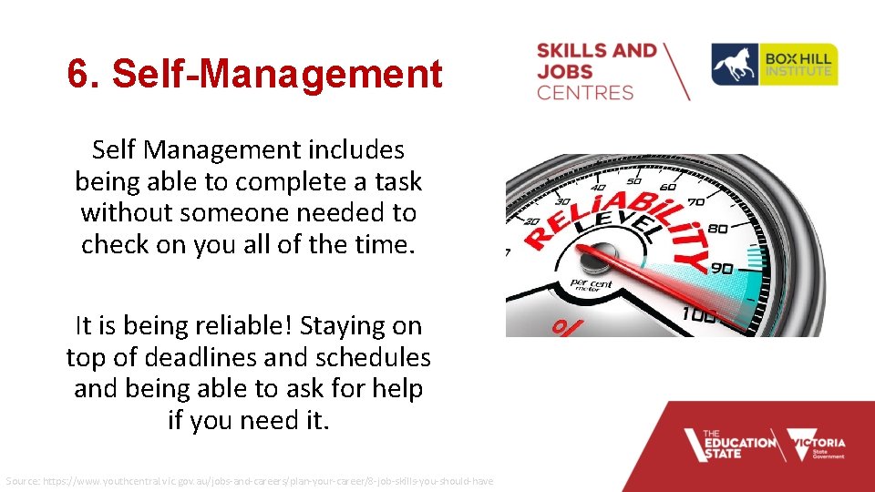 6. Self-Management Self Management includes being able to complete a task without someone needed