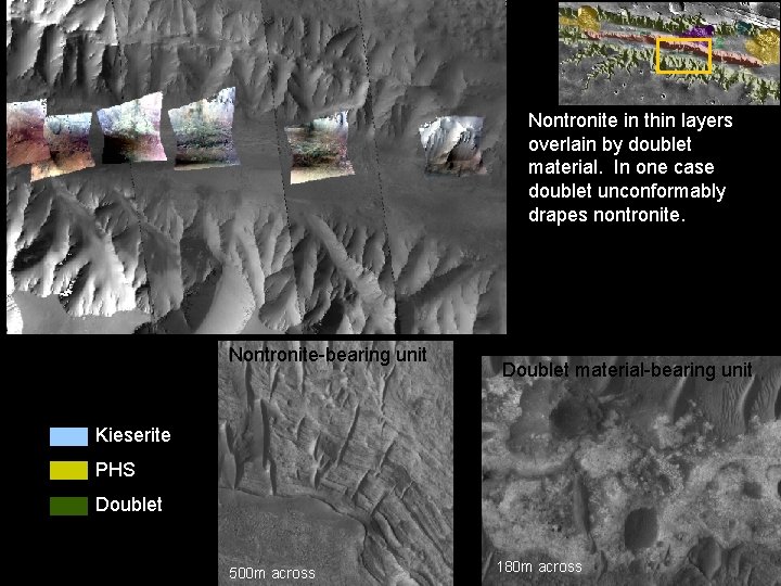 Layered Smectite clays Nontronite in thin layers overlain by doublet material. In one case