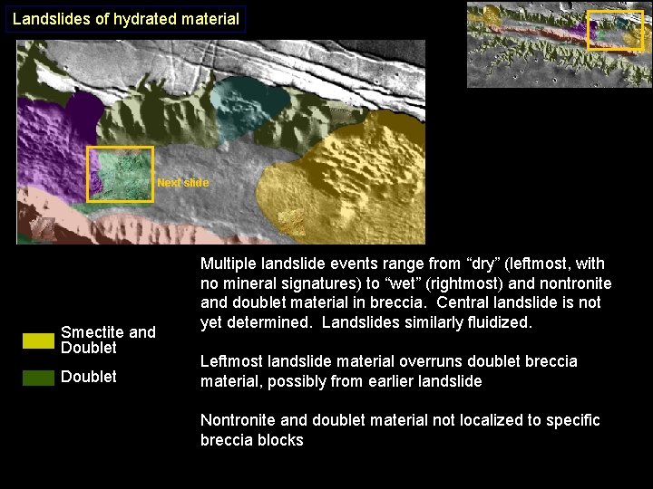 Landslides of hydrated material Next slide Smectite and Doublet Multiple landslide events range from