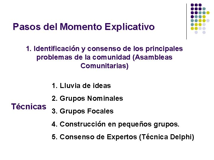 Pasos del Momento Explicativo 1. Identificación y consenso de los principales problemas de la