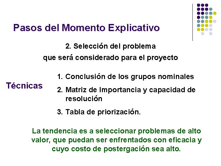 Pasos del Momento Explicativo 2. Selección del problema que será considerado para el proyecto