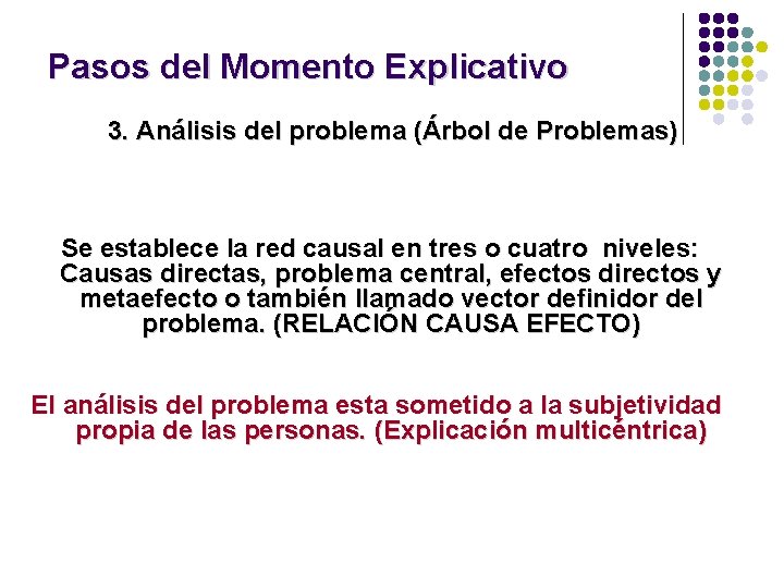 Pasos del Momento Explicativo 3. Análisis del problema (Árbol de Problemas) Se establece la