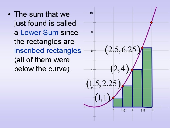  • The sum that we just found is called a Lower Sum since