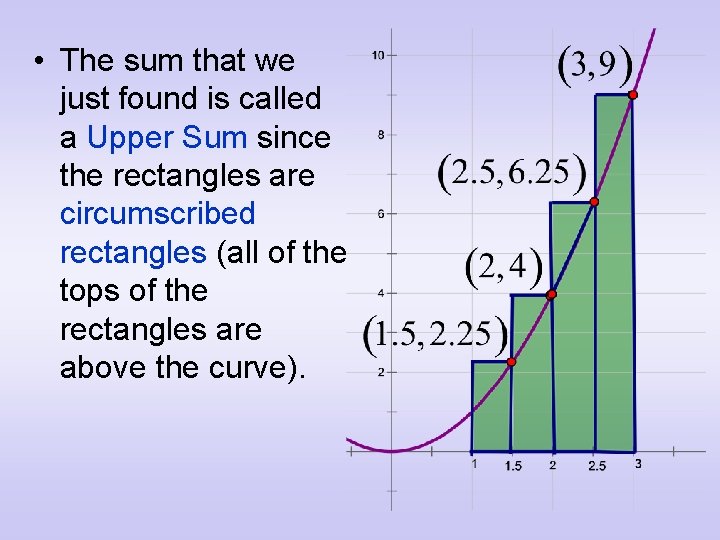  • The sum that we just found is called a Upper Sum since