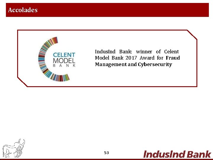Accolades Indus. Ind Bank: winner of Celent Model Bank 2017 Award for Fraud Management