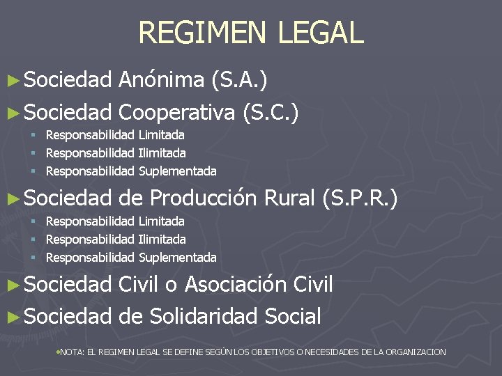 REGIMEN LEGAL ► Sociedad Anónima (S. A. ) ► Sociedad Cooperativa (S. C. )