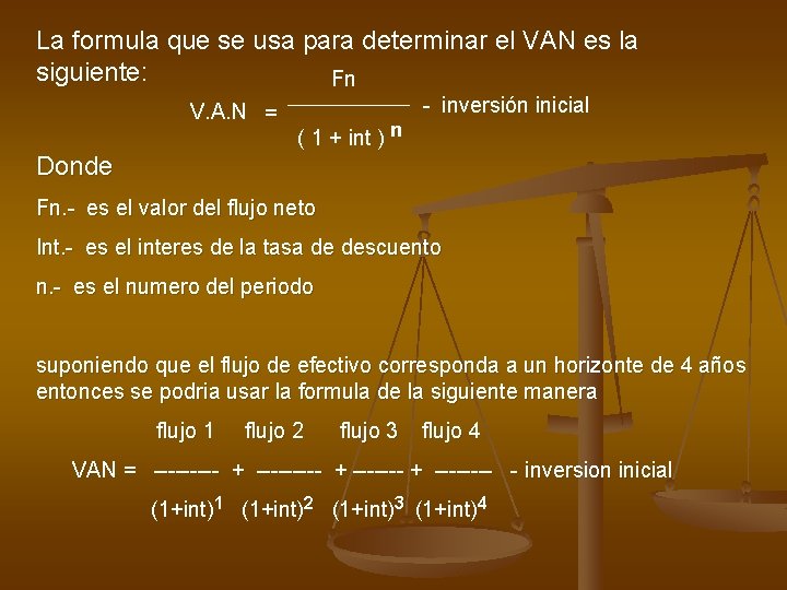La formula que se usa para determinar el VAN es la siguiente: Fn V.