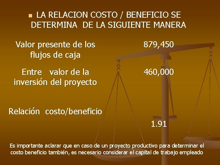 LA RELACION COSTO / BENEFICIO SE DETERMINA DE LA SIGUIENTE MANERA n Valor presente