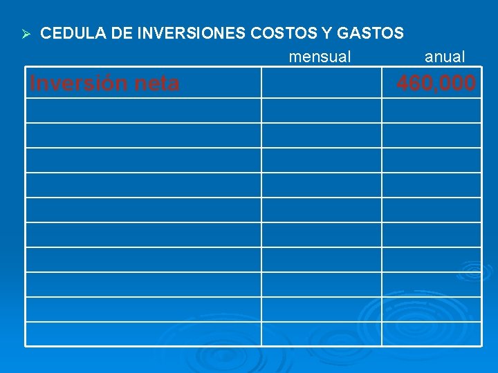 Ø CEDULA DE INVERSIONES COSTOS Y GASTOS mensual anual Inversión neta 460, 000 