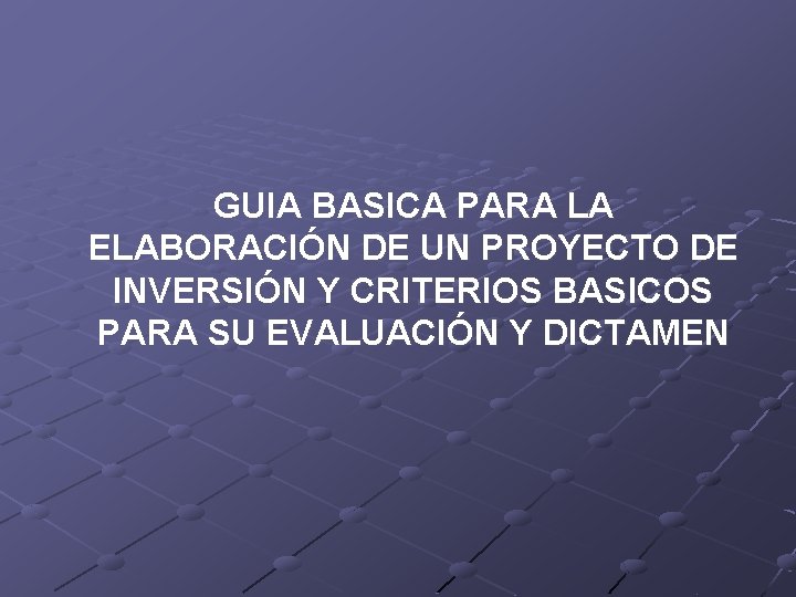 GUIA BASICA PARA LA ELABORACIÓN DE UN PROYECTO DE INVERSIÓN Y CRITERIOS BASICOS PARA