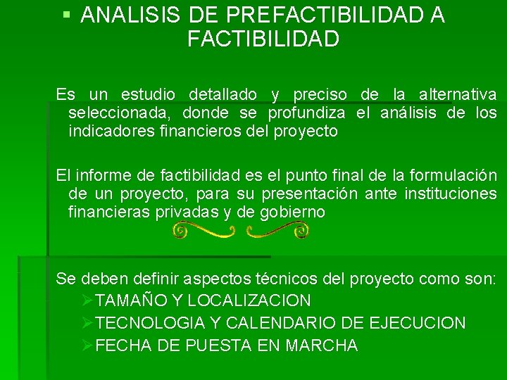 § ANALISIS DE PREFACTIBILIDAD A FACTIBILIDAD Es un estudio detallado y preciso de la