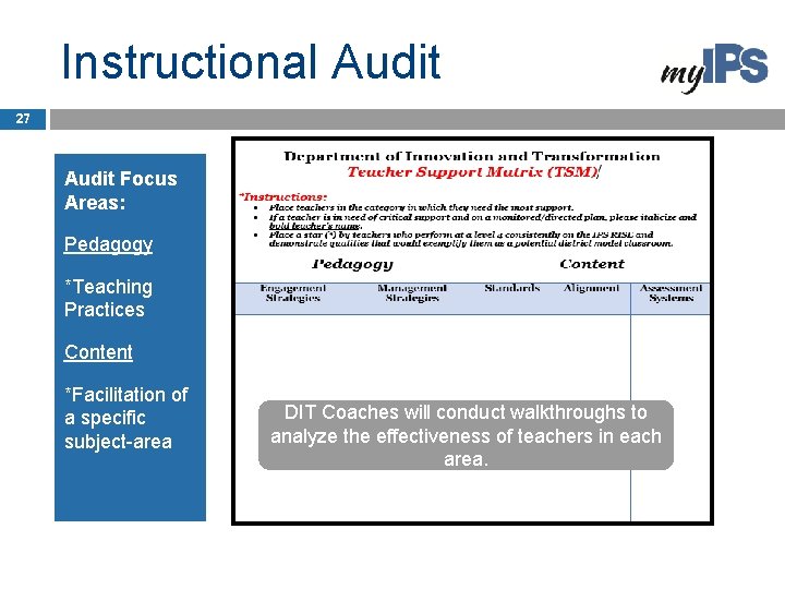 Instructional Audit 27 Audit Focus Areas: Pedagogy *Teaching Practices Content *Facilitation of a specific