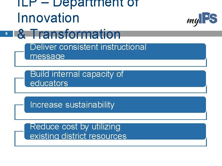 6 ILP – Department of Innovation & Transformation Deliver consistent instructional message Build internal