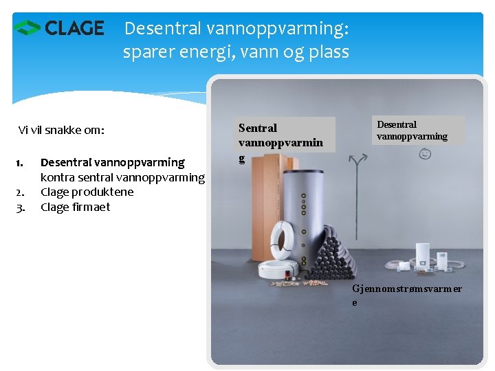 Desentral vannoppvarming: sparer energi, vann og plass Vi vil snakke om: 1. 2. 3.