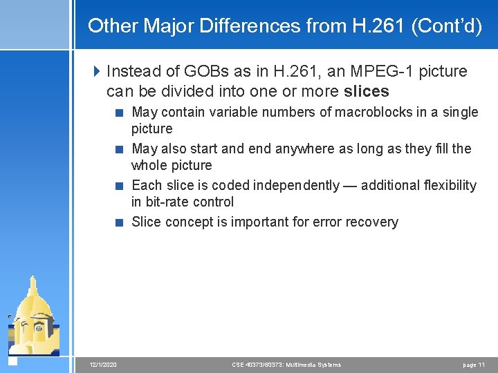 Other Major Differences from H. 261 (Cont’d) 4 Instead of GOBs as in H.