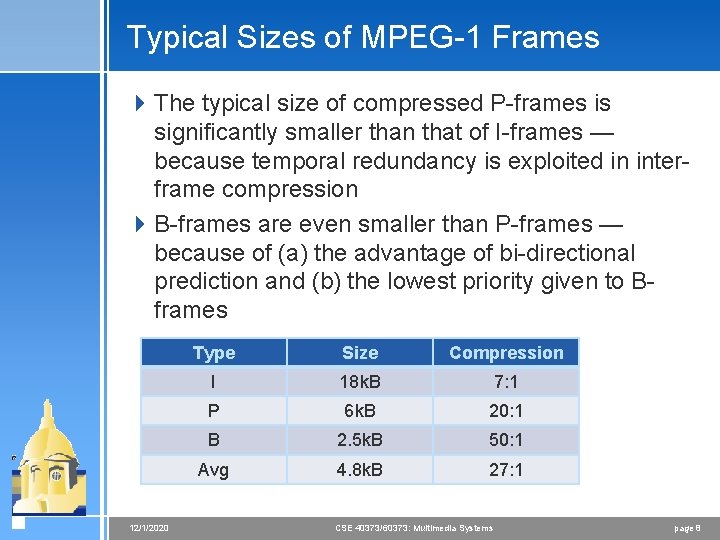 Typical Sizes of MPEG-1 Frames 4 The typical size of compressed P-frames is significantly