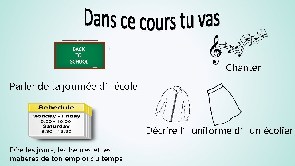 Chanter Parler de ta journée d’école Décrire l’uniforme d’un écolier Dire les jours, les Chanter Parler de ta journée d’école Décrire l’uniforme d’un écolier Dire les jours, les