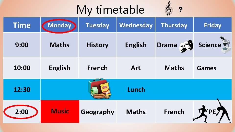 My timetable Time Monday Tuesday Wednesday 9: 00 Maths History English 10: 00 English My timetable Time Monday Tuesday Wednesday 9: 00 Maths History English 10: 00 English