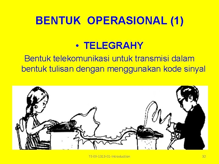 BENTUK OPERASIONAL (1) • TELEGRAHY Bentuk telekomunikasi untuk transmisi dalam bentuk tulisan dengan menggunakan BENTUK OPERASIONAL (1) • TELEGRAHY Bentuk telekomunikasi untuk transmisi dalam bentuk tulisan dengan menggunakan