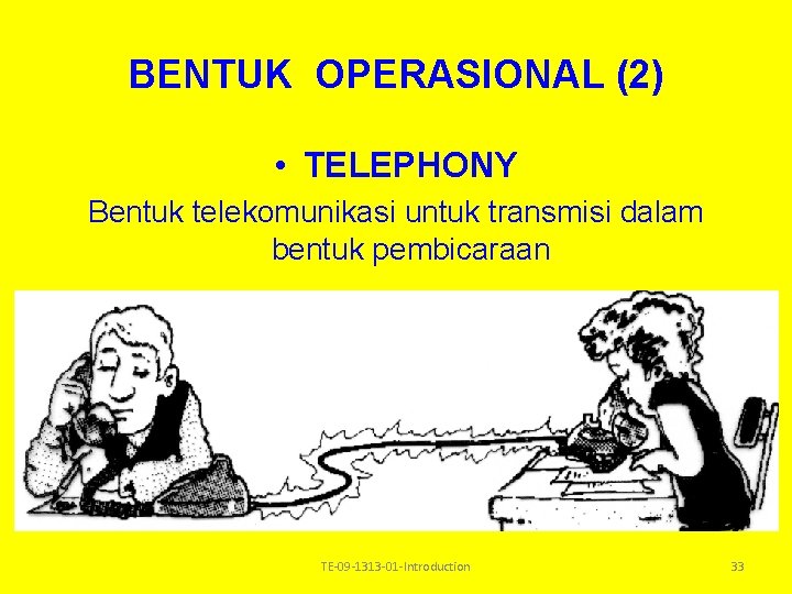 BENTUK OPERASIONAL (2) • TELEPHONY Bentuk telekomunikasi untuk transmisi dalam bentuk pembicaraan TE-09 -1313 BENTUK OPERASIONAL (2) • TELEPHONY Bentuk telekomunikasi untuk transmisi dalam bentuk pembicaraan TE-09 -1313