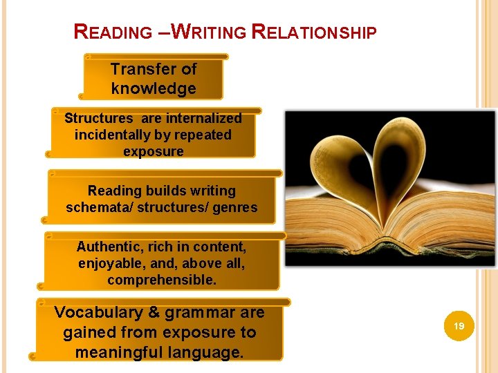 READING – WRITING RELATIONSHIP Transfer of knowledge Structures are internalized incidentally by repeated exposure