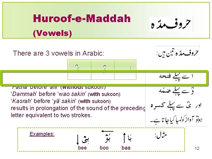 Huroof-e-Maddah (Vowels) There are 3 vowels in Arabic: ‘Fatha’ before ‘alif’ (without sukoon) ‘Dammah’