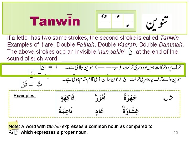 Tanwin If a letter has two same strokes, the second stroke is called Tanwin