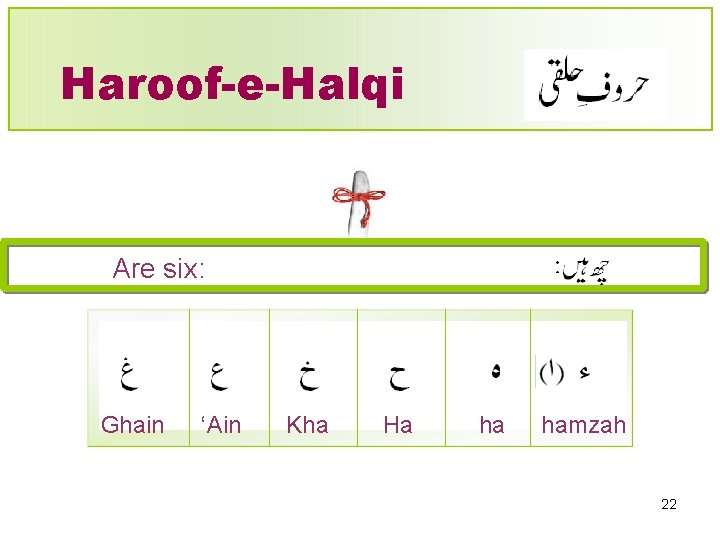 Haroof-e-Halqi Are six: Ghain ‘Ain Kha Ha ha hamzah 22 