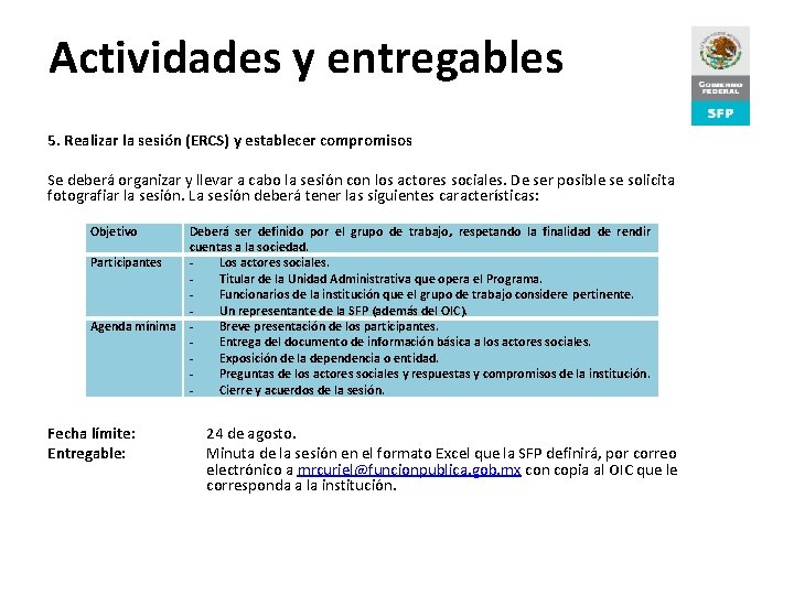 Actividades y entregables Proceso de Rendición de Cuentas 5. Realizar la sesión (ERCS) y