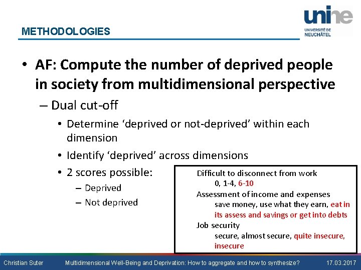 METHODOLOGIES • AF: Compute the number of deprived people in society from multidimensional perspective