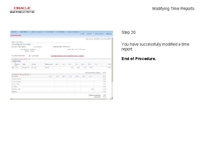 Modifying Time Reports Step 20 You have successfully modified a time report. End of