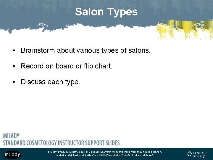 Salon Types • Brainstorm about various types of salons. • Record on board or