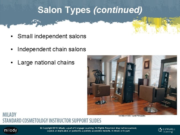 Salon Types (continued) • Small independent salons • Independent chain salons • Large national