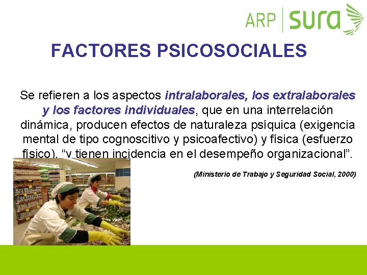 FACTORES PSICOSOCIALES Se refieren a los aspectos intralaborales, los extralaborales y los factores individuales,