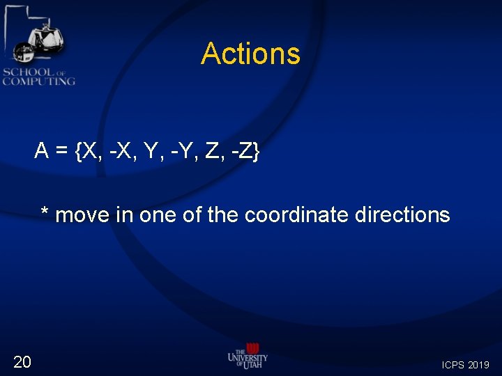 Actions A = {X, -X, Y, -Y, Z, -Z} * move in one of Actions A = {X, -X, Y, -Y, Z, -Z} * move in one of