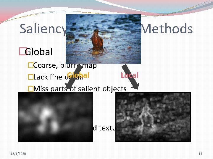 Saliency Estimation Methods �Global �Coarse, blurry map Global �Lack fine detail Local �Miss parts