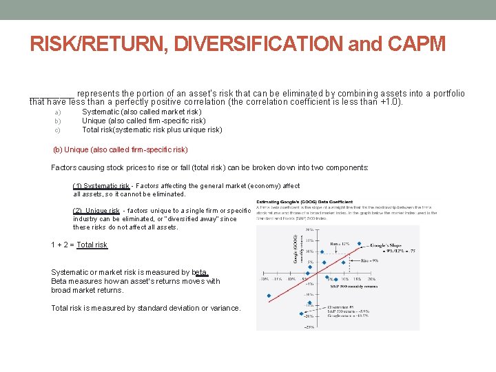 RISK/RETURN, DIVERSIFICATION and CAPM _____ represents the portion of an asset's risk that can RISK/RETURN, DIVERSIFICATION and CAPM _____ represents the portion of an asset's risk that can