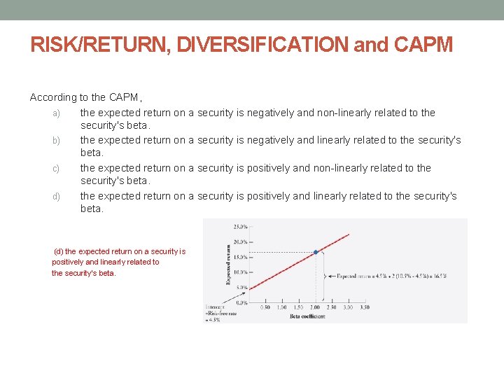 RISK/RETURN, DIVERSIFICATION and CAPM According to the CAPM, a) the expected return on a RISK/RETURN, DIVERSIFICATION and CAPM According to the CAPM, a) the expected return on a
