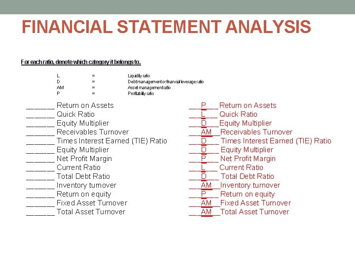 FINANCIAL STATEMENT ANALYSIS For each ratio, denote which category it belongs to. L D FINANCIAL STATEMENT ANALYSIS For each ratio, denote which category it belongs to. L D